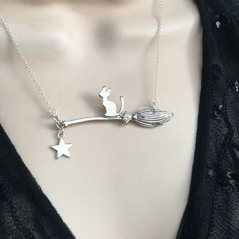 Black cat Halloween pendant necklace in alloy with zodiac styling and gold or silver finish options