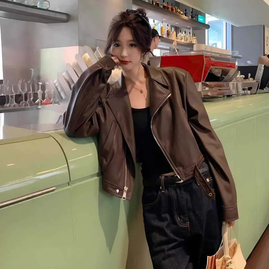 Women's brown retro leather coat jacket with slim fit and pocket detailing