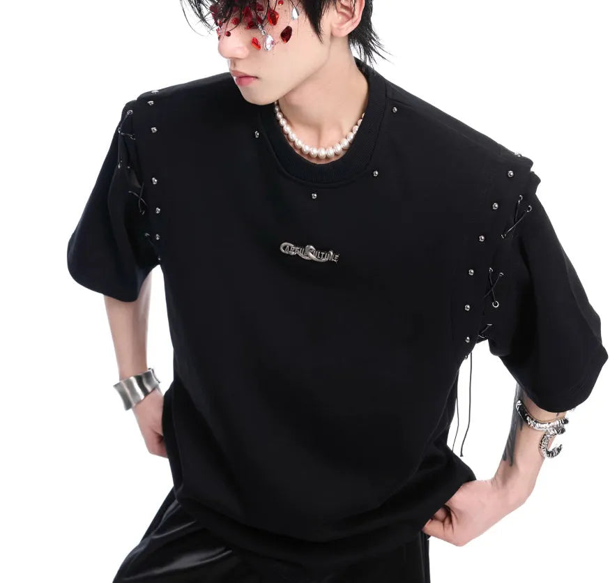 Black niche deconstruction short sleeve T-shirt with lace-up cutout design detail