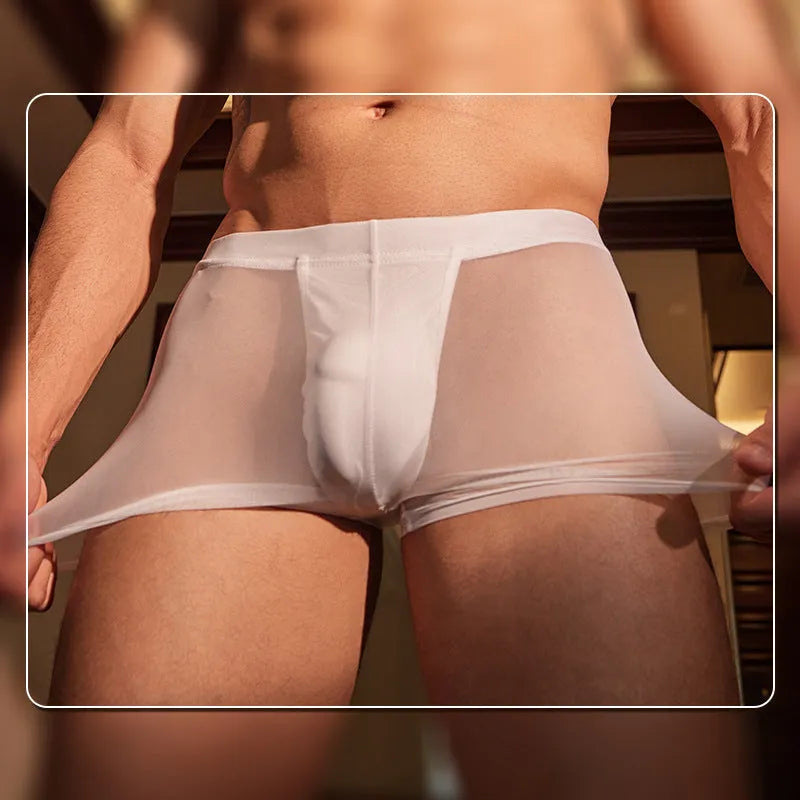 Black and white men's ultra-thin nylon boxer briefs laid flat, showing free size fit.