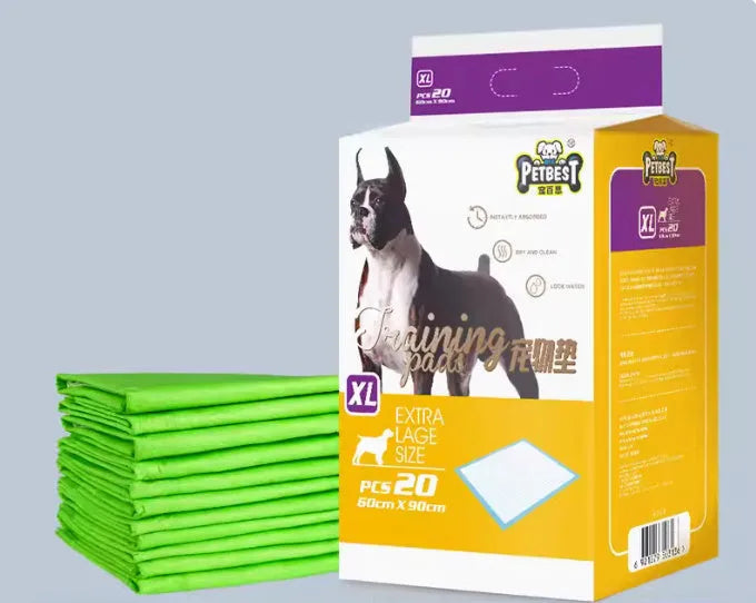 Pack of thickened absorbent dog urine pads showing size options and variant types like bamboo charcoal and lemon scent.