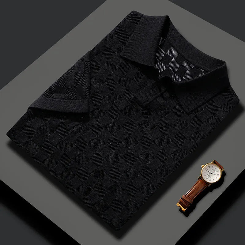 Men's short sleeve business casual lapel sweater in mulberry silk, available in black, white, gray and camel colours