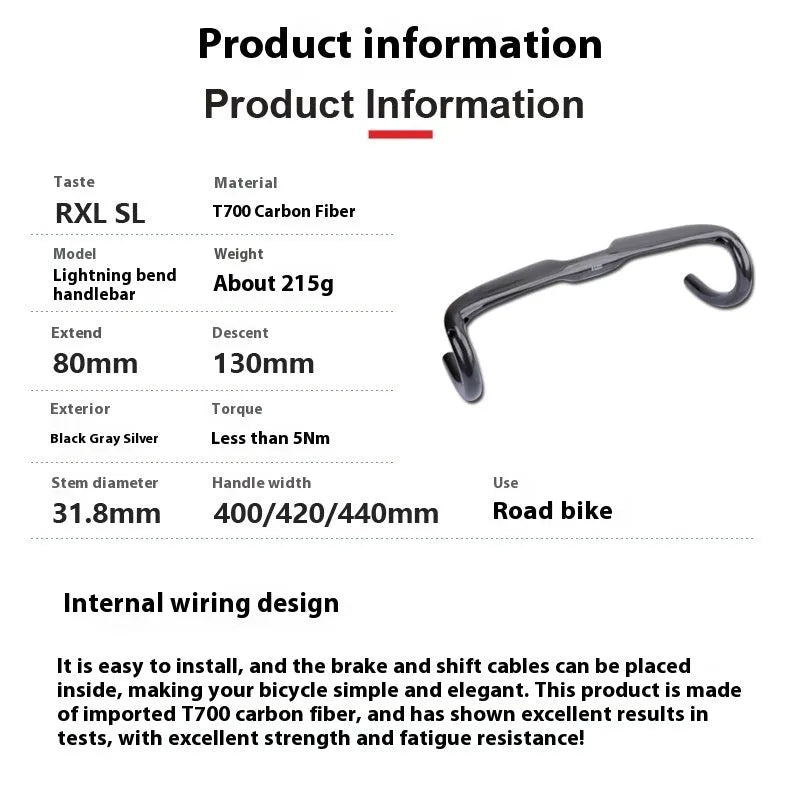 Carbon fibre road bicycle drop handlebar in black grey silver showing 400mm width option