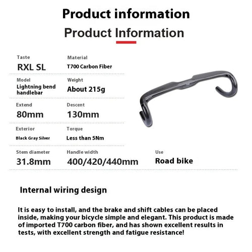 Carbon fibre road bicycle drop handlebar in black grey silver showing 400mm width option