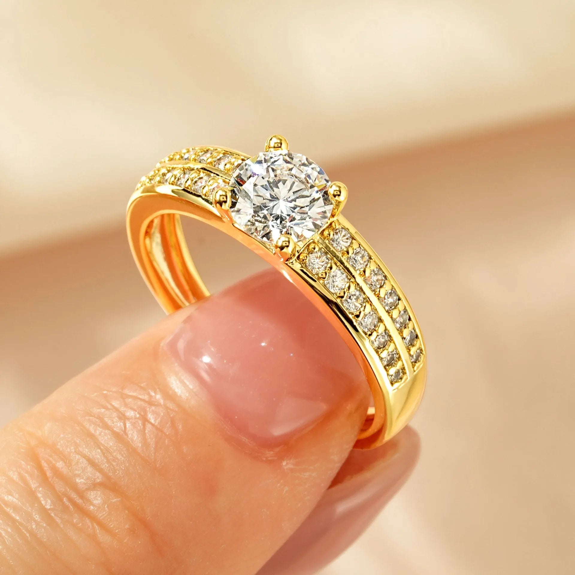 Women's geometric zircon ring in copper with electroplated finish, available in heart, split-arm, and star designs