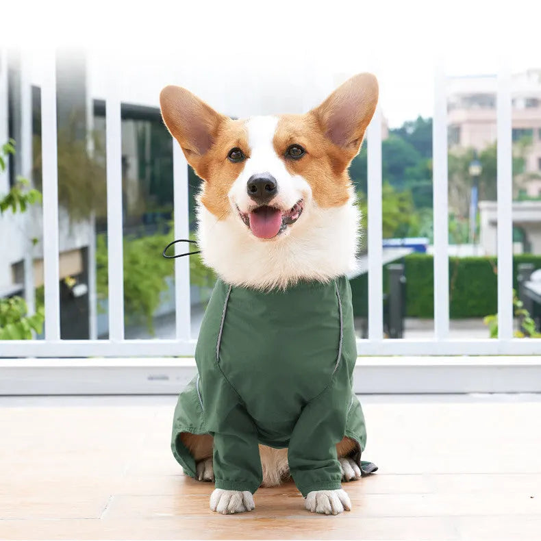 Dog clothing raincoat in military green with reflective strips and traction hole for leash
