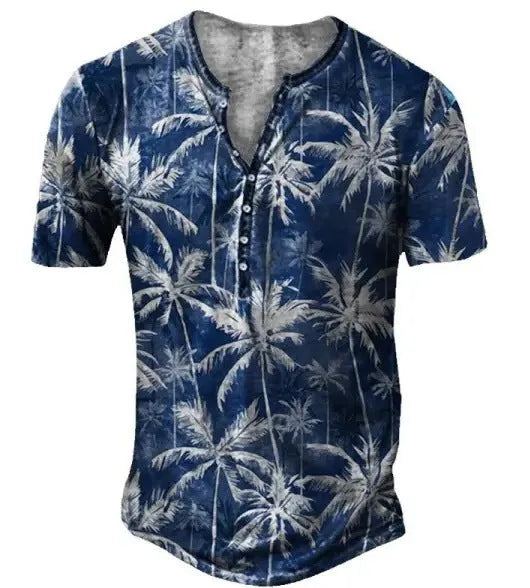 Men's blue polyester short sleeve sports shirt with a button lapel, laid flat.