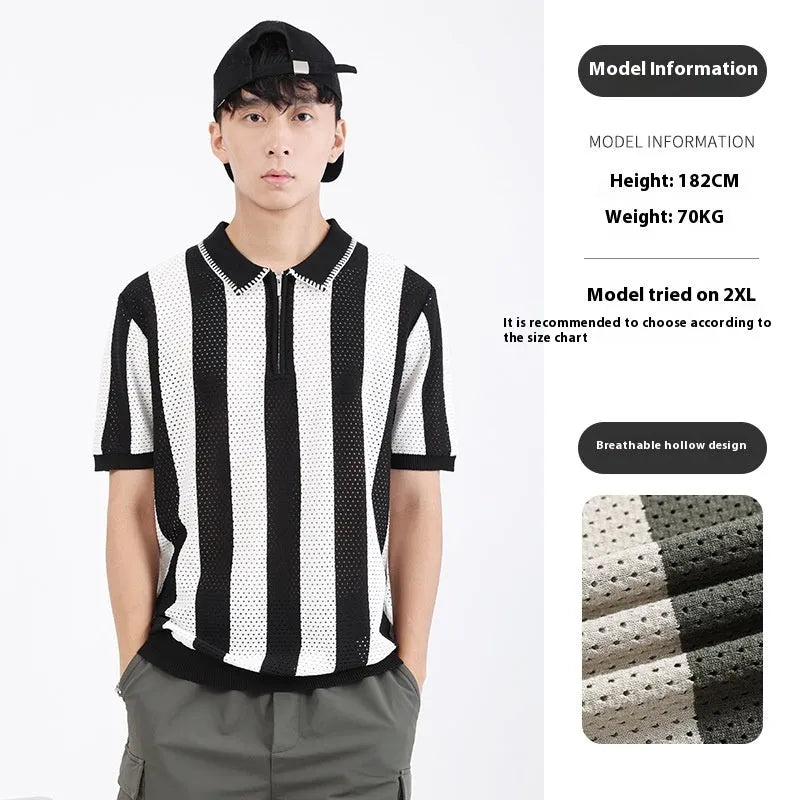 Men's black and white striped short sleeve summer sweater with zip detail on front.
