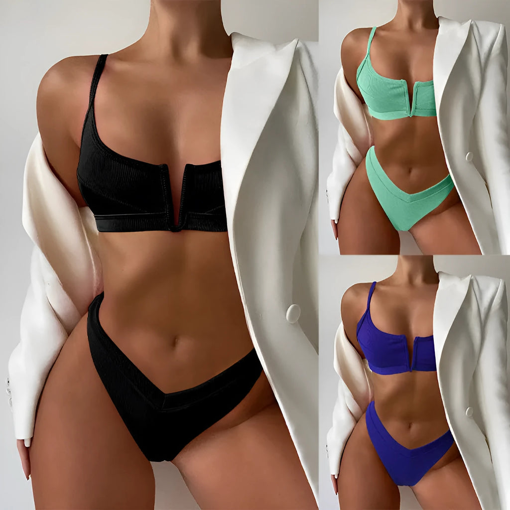 Women's high-waist triangle hot spring swimsuit in multiple colour options with sleeveless top and matching shorts