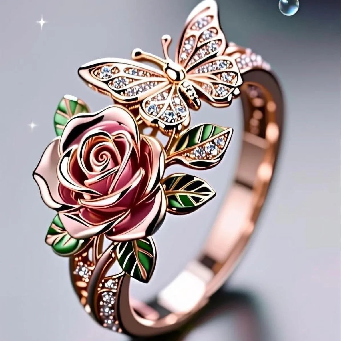 Adjustable butterfly ring with colourful oil-drip effect showing floral and insect details