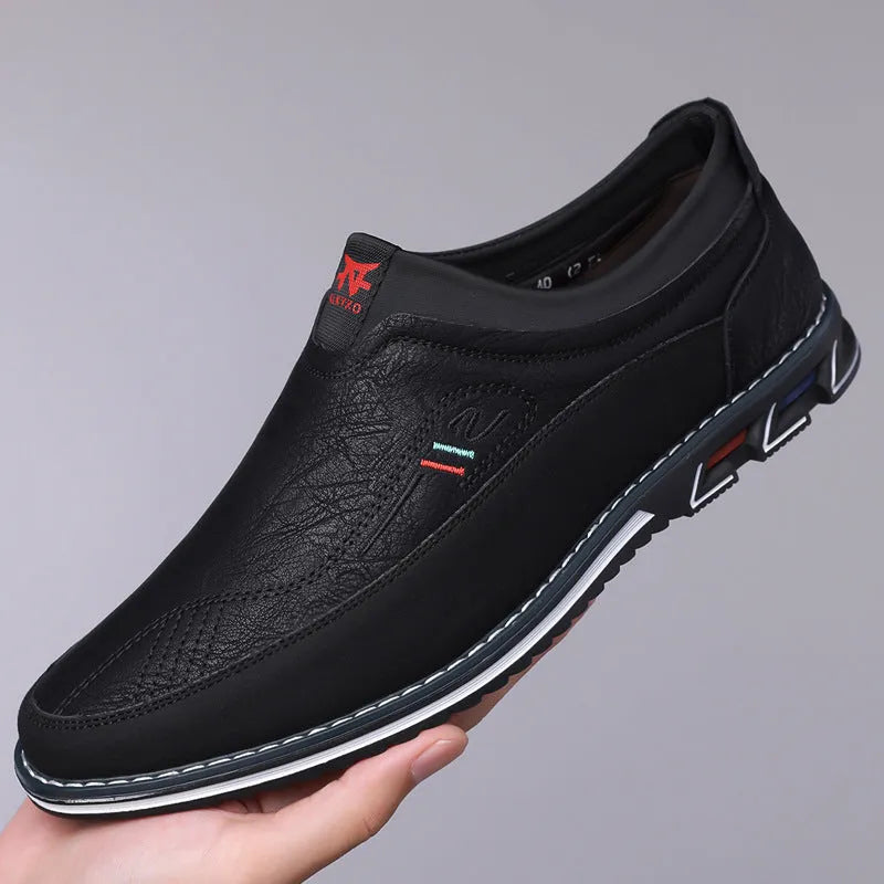 Men's black leather casual shoes with rubber sole and stitching detail
