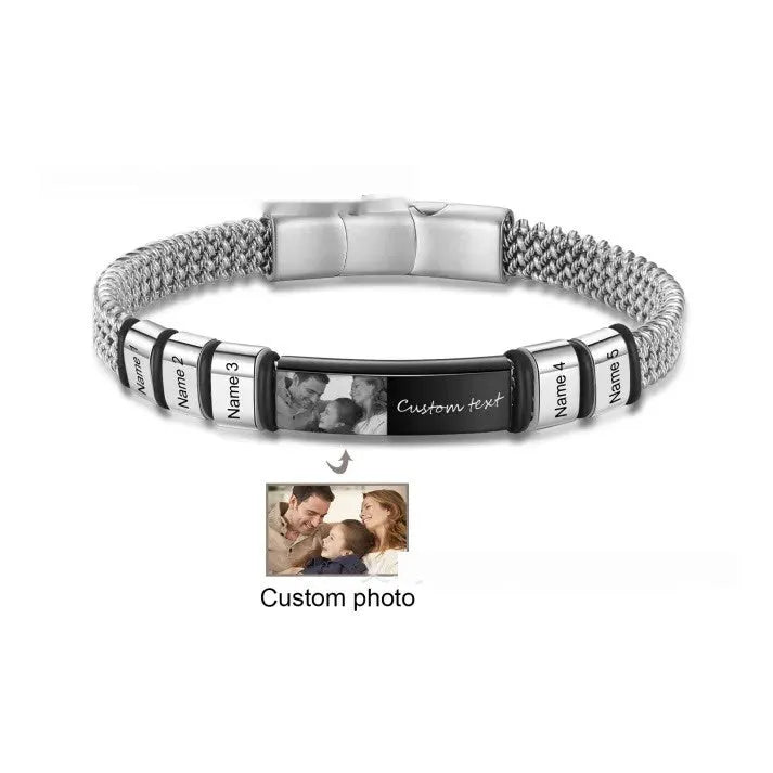 Men's stainless steel lettering bracelet with leather rope adjustable closure showing heart-shaped design