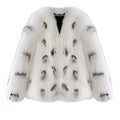 Black and white faux fur women's coat with Korean-style slim fit and short length.
