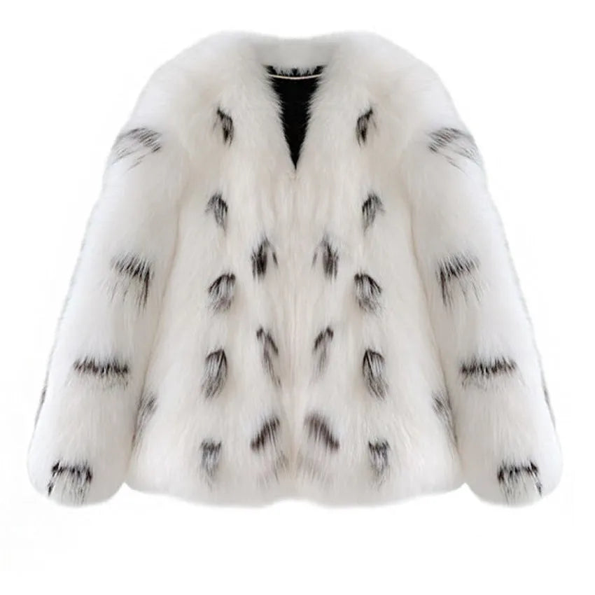 Black and white faux fur women's coat with Korean-style slim fit and short length.