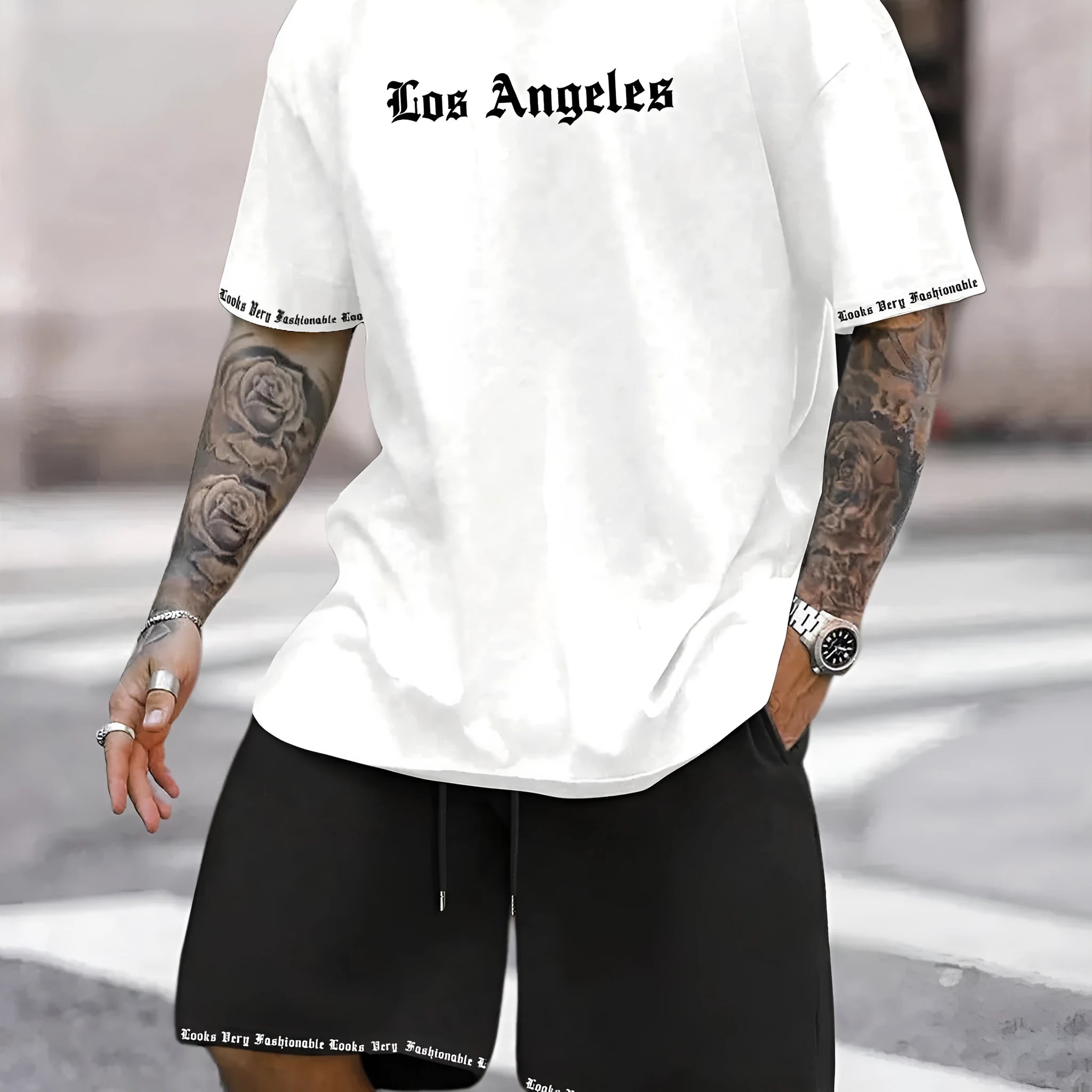 Men's sports style short-sleeved shirt and shorts set in polyester blend fabric