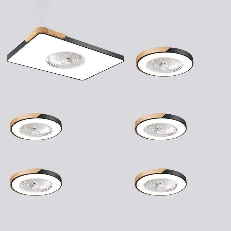 Nordic-style ceiling fan light with solid wood blades, shown in rectangular, round, and square shape options.