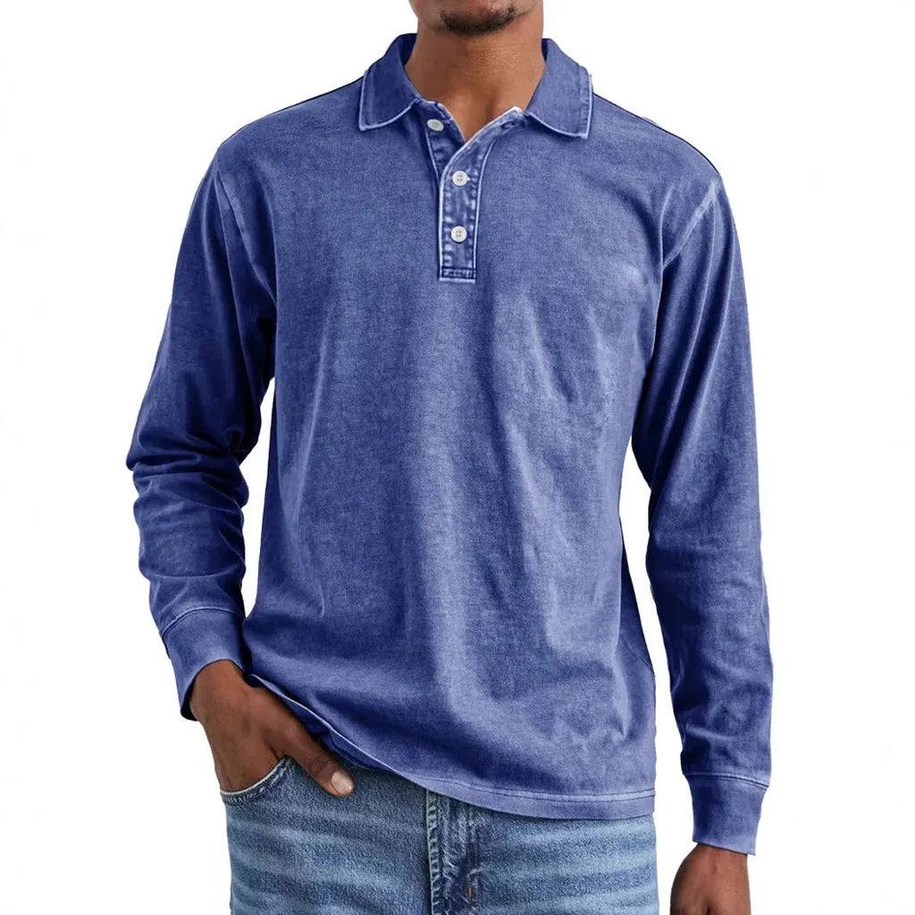 Man wearing a retro washed distressed cotton lapel long sleeve polo shirt in army green.
