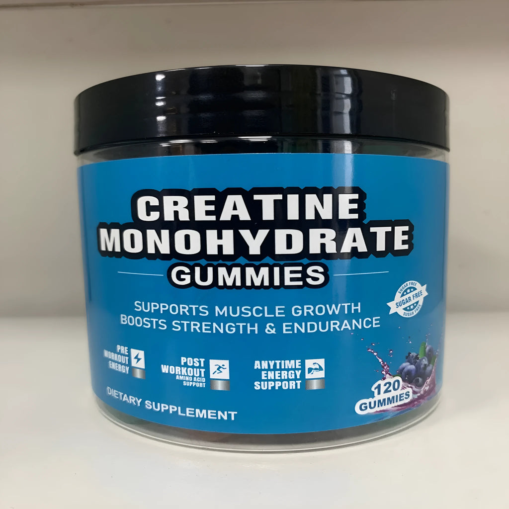 Bottle of raspberry flavoured creatine monohydrate gummies 120 pills