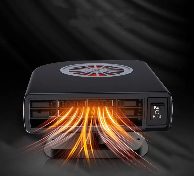 Black portable 12v car heater defogger with adjustable vents on a car dashboard.