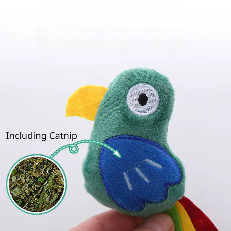 Cow parrot shape plush cat toy with colourful fabric and catnip filling for interactive play