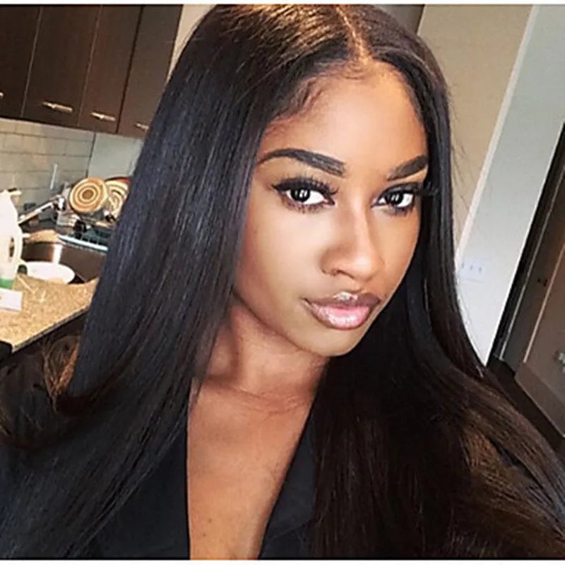 Women's long straight synthetic wig with centre part and bangs in black colour