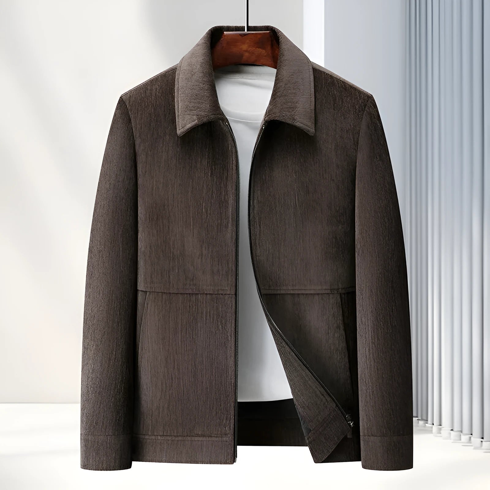 Men's slim-fit casual lapel coat in brown, shown on a model.
