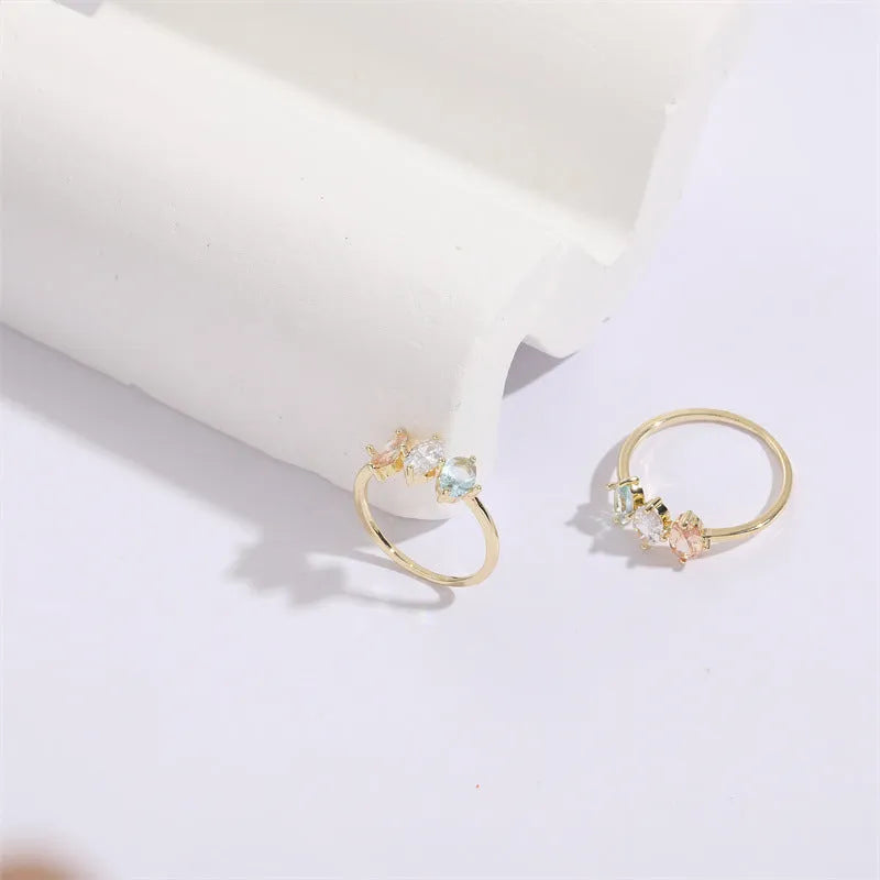 Geometric triangular copper ring with horse eye tricolor zircon birthstone in 14k real gold colour