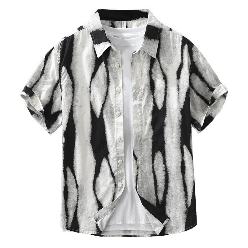 Men's black and brown retro striped short sleeve shirt with loose cardigan fit