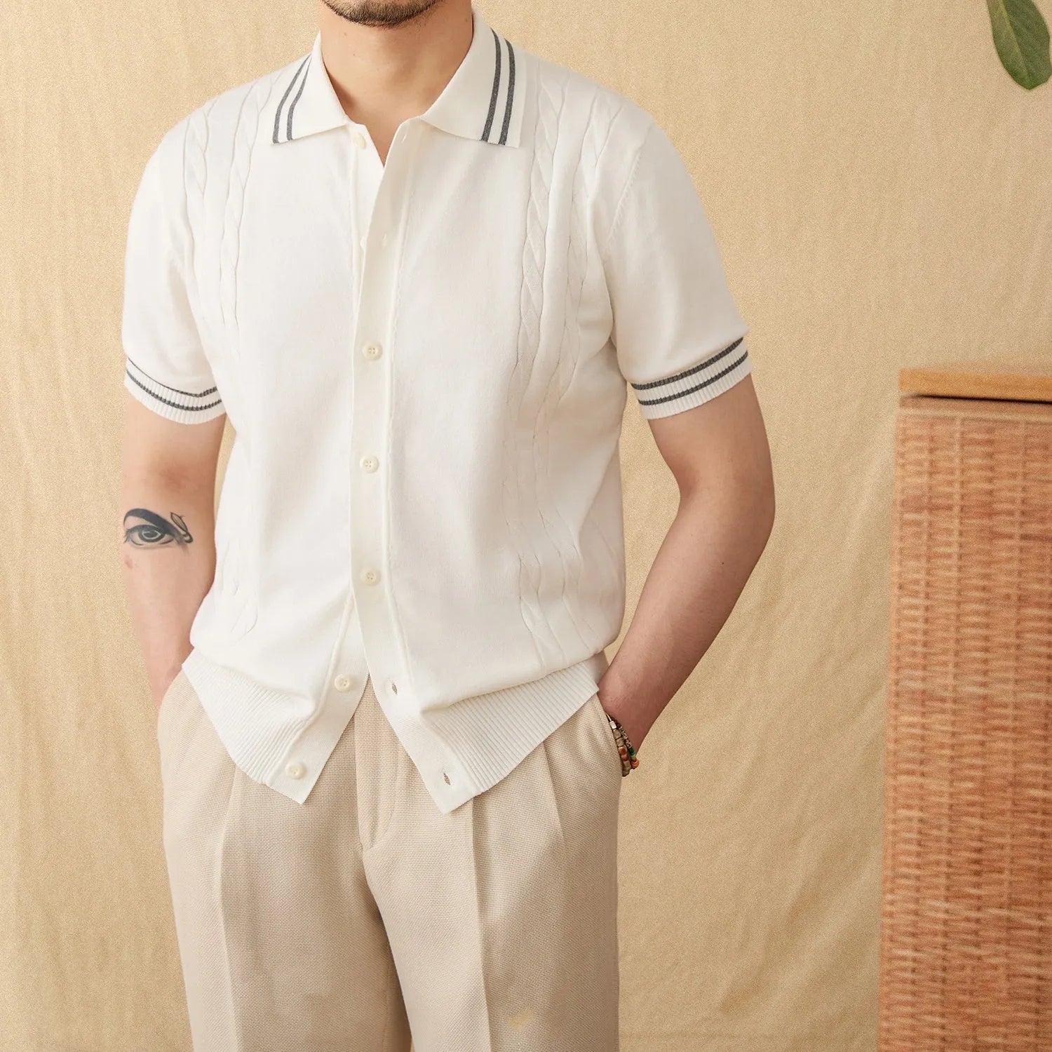 Cotton blend short-sleeved polo shirt with a lapel collar in apricot colour