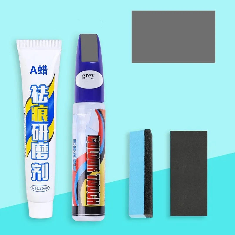 Automotive paint repair pen kit with touch-up fluid, scratch wax, sponge, and sandpaper.