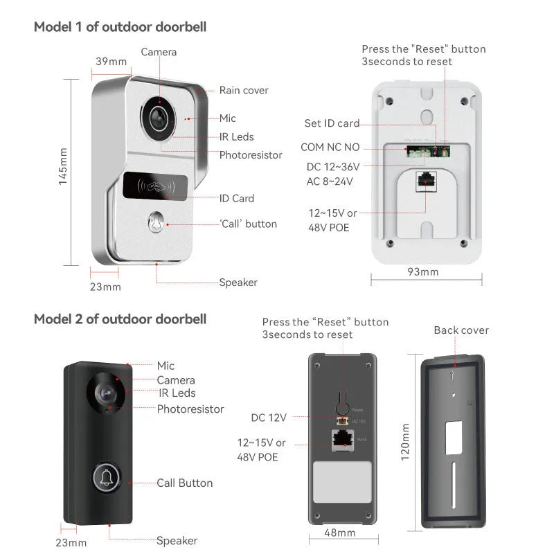 1080P video intercom doorbell system with outdoor unit and 10-inch indoor display monitor.