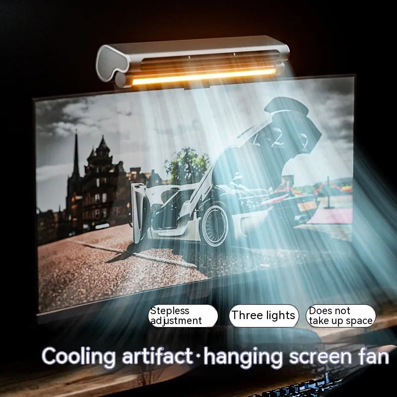 Black bladeless USB fan with clip attachment and integrated lighting lamp for computer screens