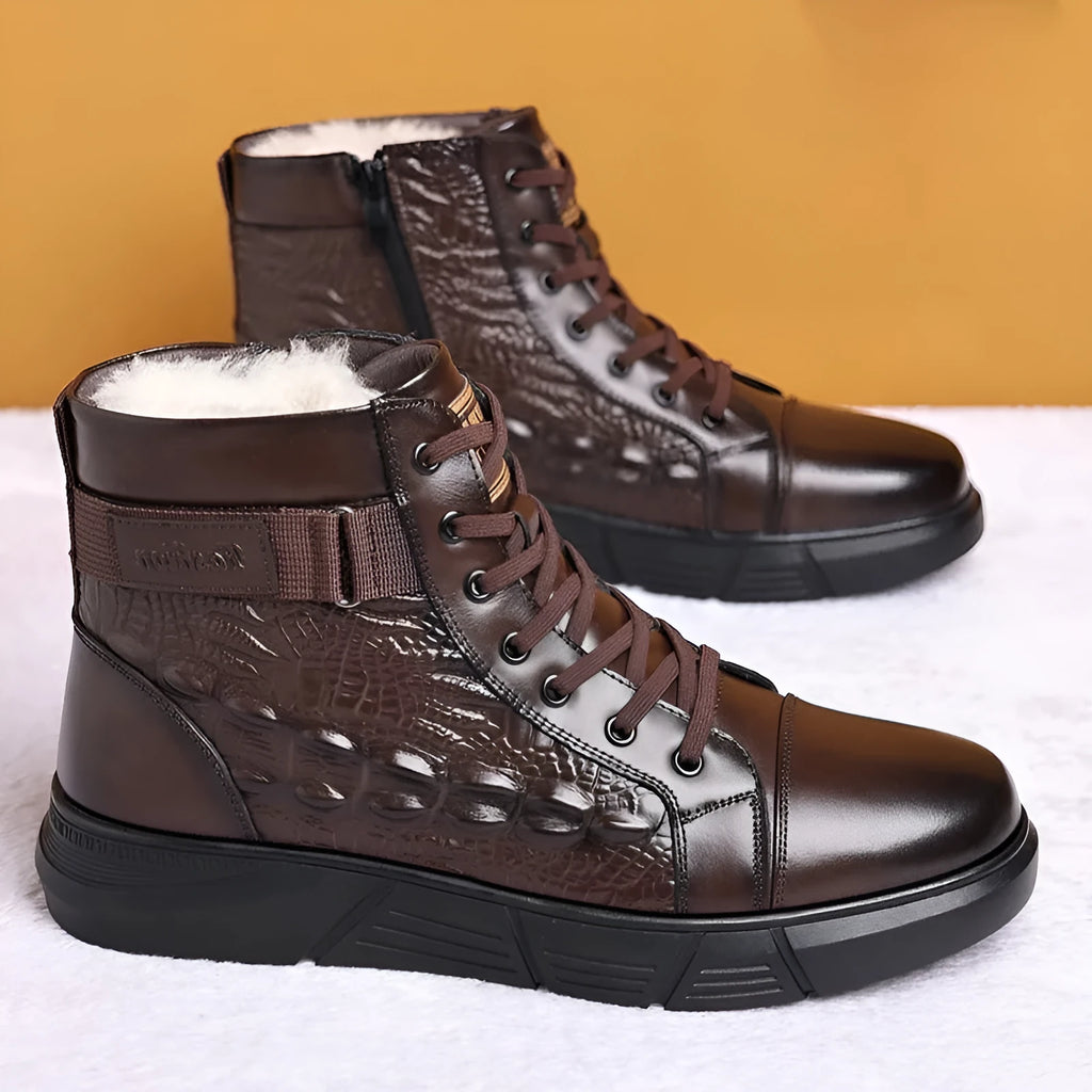 Genuine leather round toe snow boots with fur lining and lace-up front in black velvet style