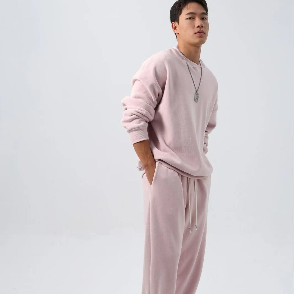Men's loose polar fleece sports suit set with jacket and trousers in winter colours