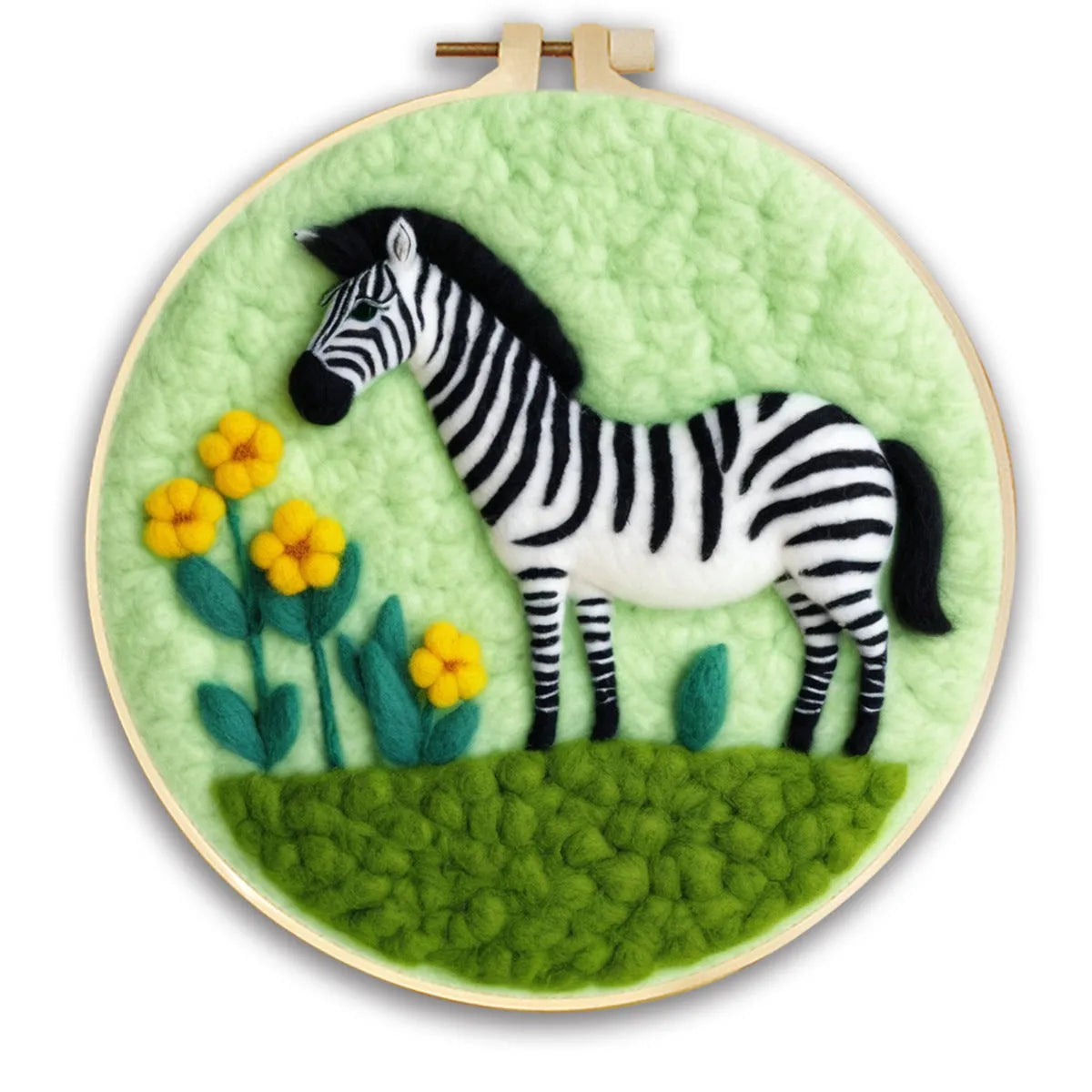 Round linen embroidery kit with wool felt pieces for 3D flowers and leaves, includes a free frame.
