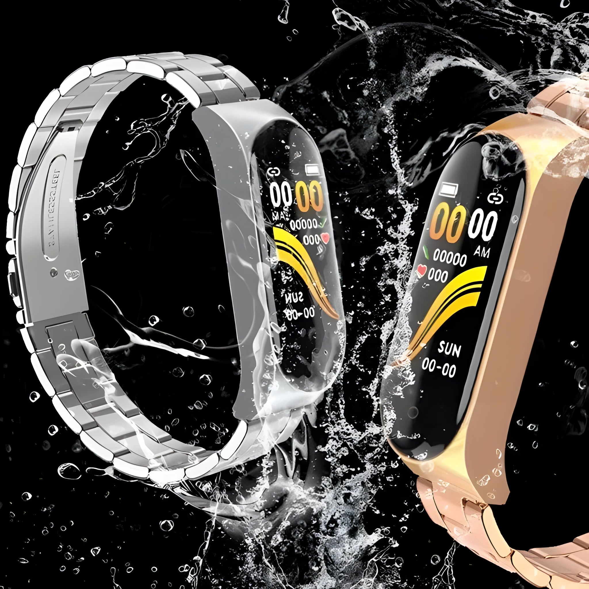 Smart bracelet with stainless steel wristband in black showing heart rate monitor display touch button interface