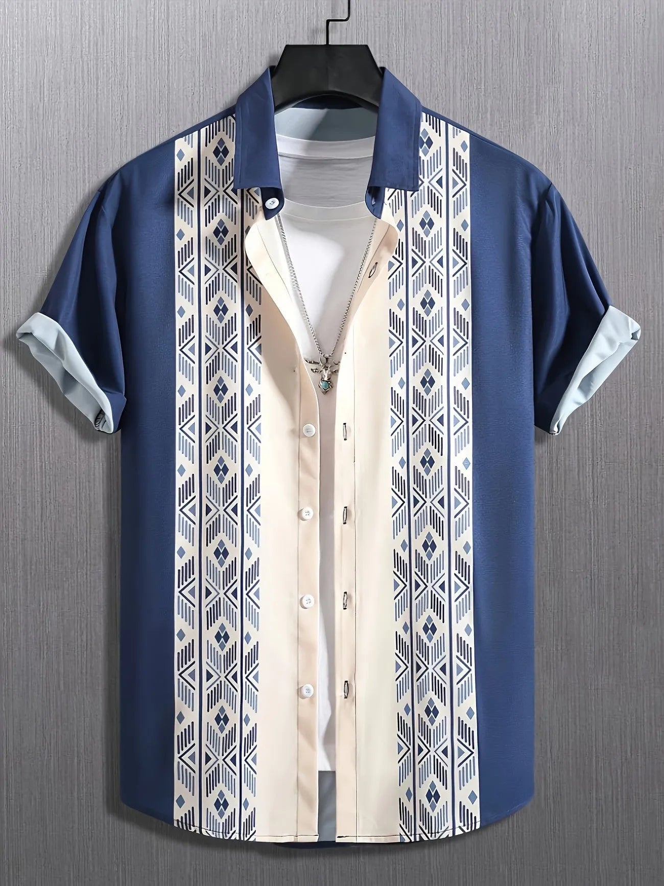 Men's loose fit plaid short-sleeve shirt with cardigan lapel in stretch polyester fabric