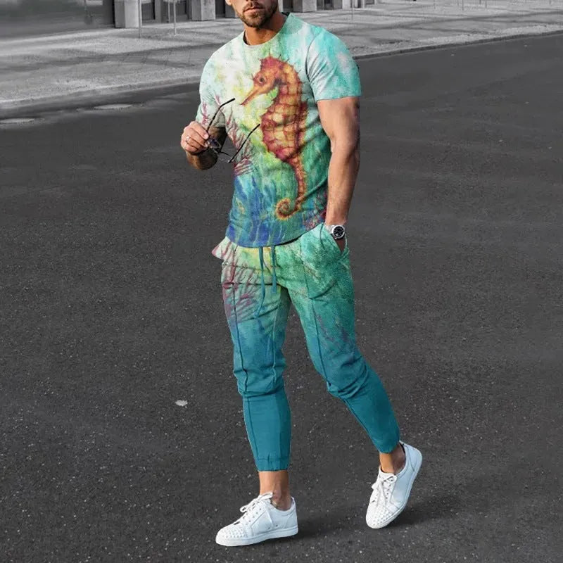 Men's short-sleeved round neck pullover and matching trousers sportswear set in polyester blend fabric