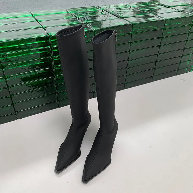 Black pointed toe women's below-the-knee boots with stiletto heel and back zipper fastening.