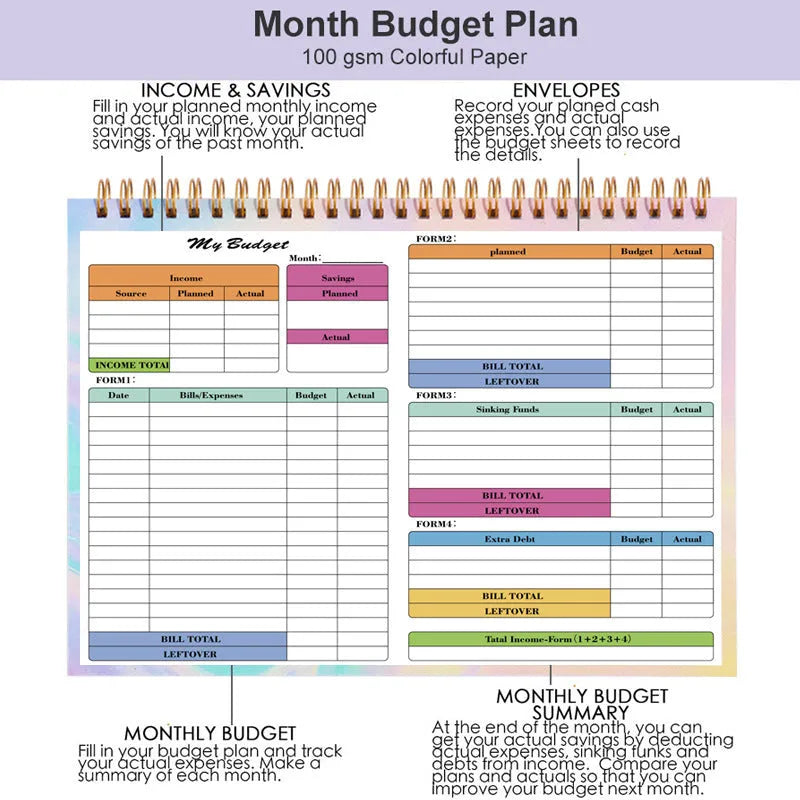 B5 spiral-bound budget tally book with a blue PP cover, open to show lined pages for income and expense tracking.