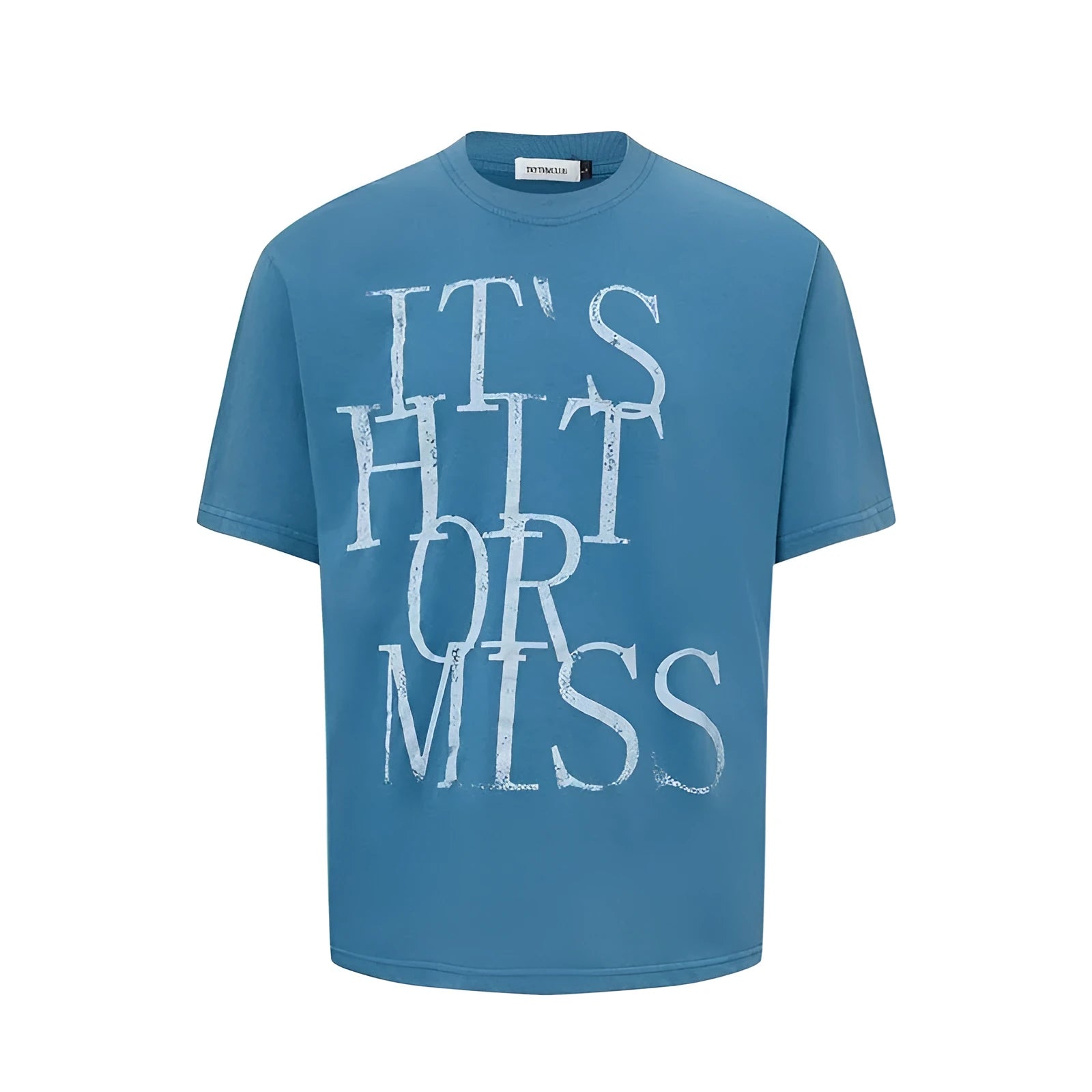 Men's white American retro t-shirt with blue letter print design, loose fit round neck