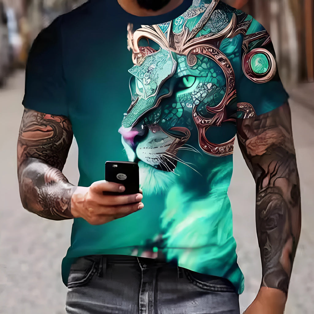 Men's black t-shirt with a fierce 3D lion head print on the front.
