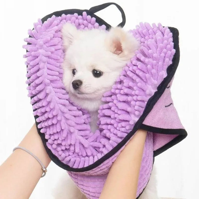 Blue pet bath robe towel wrapped around a dog, showing quick-dry fabric and bathrobe style design.
