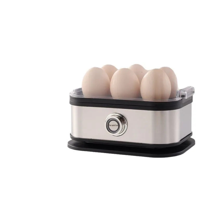 Black portable stainless steel mini egg boiler for kitchen and travel use.