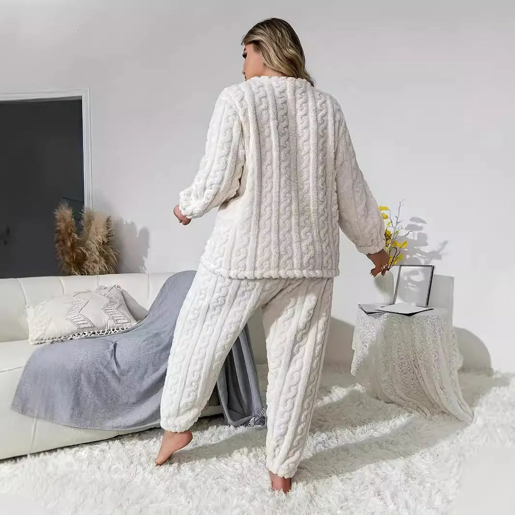 Creamy white women's plush two-piece trouser suit with long sleeves in a casual Japanese Korean style