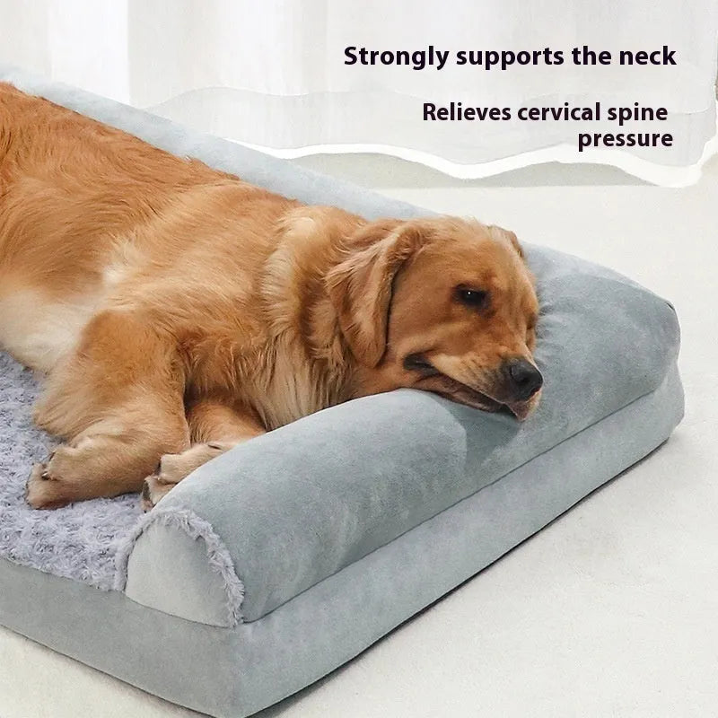 Light grey cloth dog kennel with fleece lining for a large dog, showing removable cover.