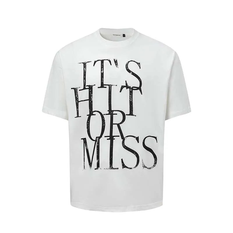 Men's white American retro t-shirt with blue letter print design, loose fit round neck