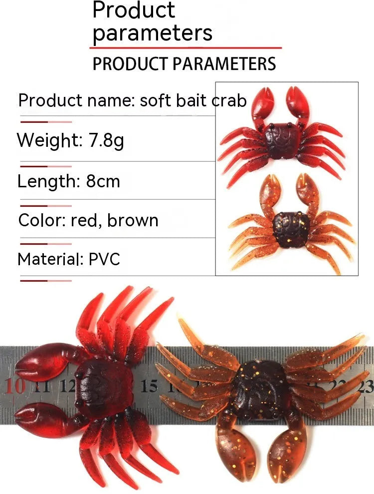 8cm PVC soft crab fishing lure shown in brown and red colour variations
