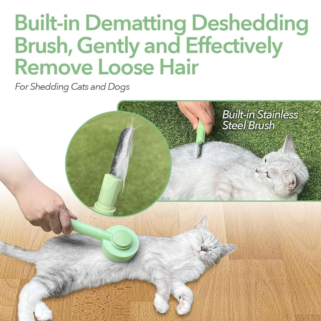 Green and yellow pet grooming brush with stainless steel teeth and hanging loop