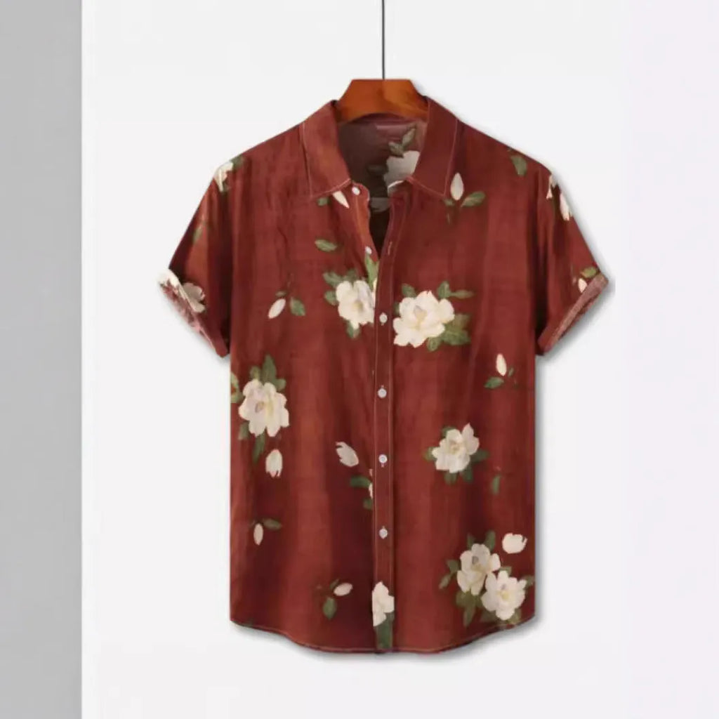 Hawaiian floral print short sleeve lapel cardigan shirt with elastic polyester fabric